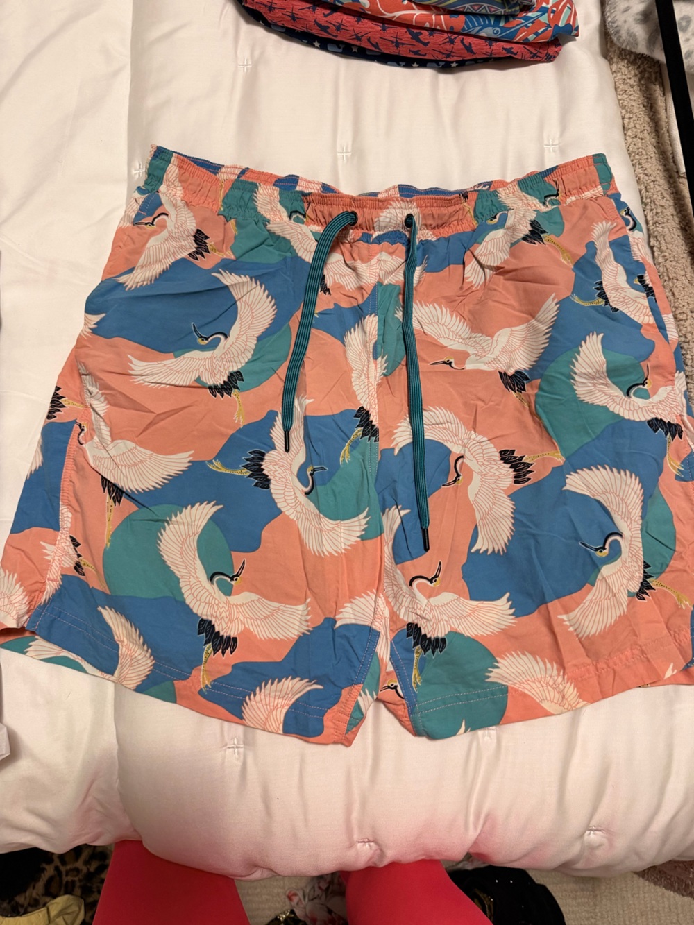 Saxx Crane-Print Swim Trunks in Coral, Teal & Blue